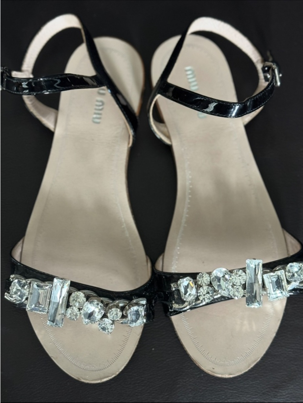 Miu Miu Black Jeweled Patent Leather Flat Sandals